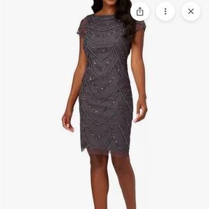 Adrianna Papell Gunmetal Grey Beaded Midi Dress